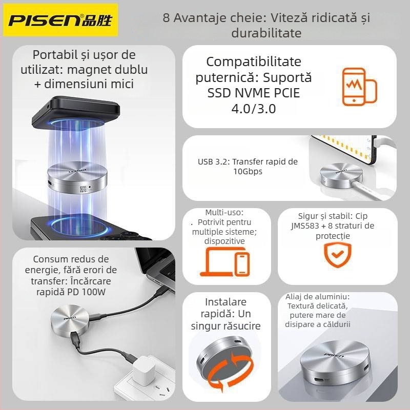 Carcasă externă magnetică M.2 pentru SSD | USB 3.2 Gen2, PCIe 4.0, Până la 2TB, Carcasă din aluminiu + silicon