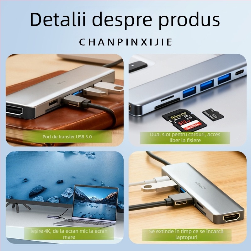Stație de docking Type-C 7-in-1 pentru laptopuri Apple, expander Type-C, alimentare de până la 100W, sursă de alimentare externă, cablu de 15 cm