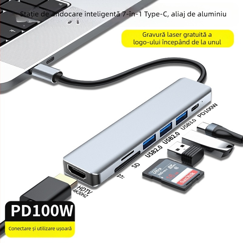 Stație de docking Type-C 7-in-1 pentru laptopuri Apple, expander Type-C, alimentare de până la 100W, sursă de alimentare externă, cablu de 15 cm