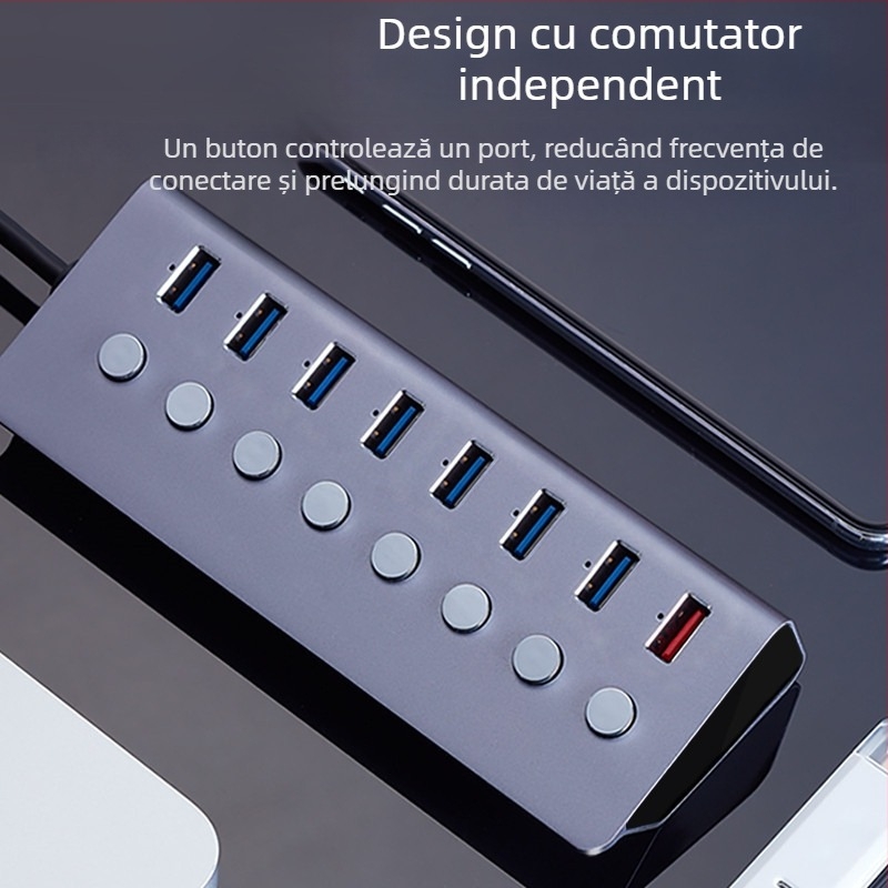Hub USB 3.0, 8 porturi, Carcasă din aliaj de aluminiu, Alimentare prin USB, Cablu de 1 m, 5 Gbps