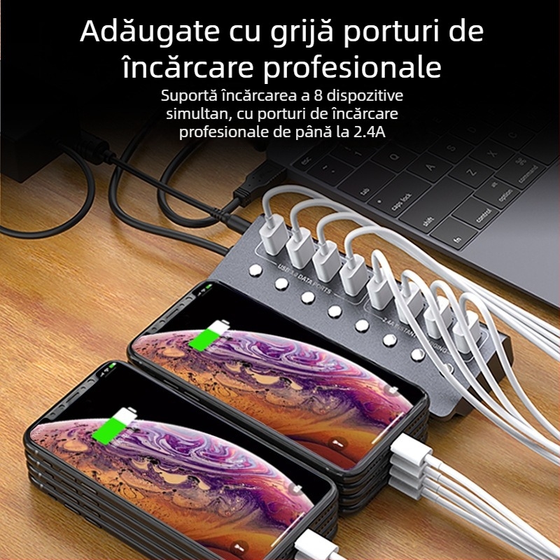Hub USB 3.0, 8 porturi, Carcasă din aliaj de aluminiu, Alimentare prin USB, Cablu de 1 m, 5 Gbps