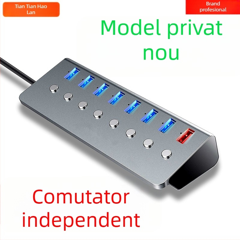 Hub USB 3.0, 8 porturi, Carcasă din aliaj de aluminiu, Alimentare prin USB, Cablu de 1 m, 5 Gbps