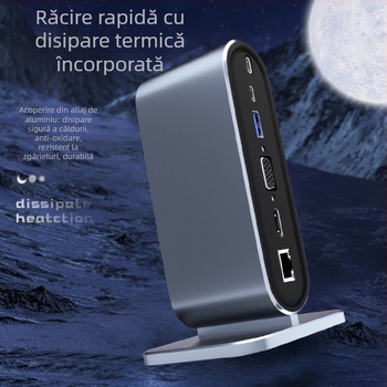 Docking station Type-C 12-în-1 USB hub pentru laptop cu alimentare externă, cablu 40 cm, interfață USB-C, rată de transfer 3.2