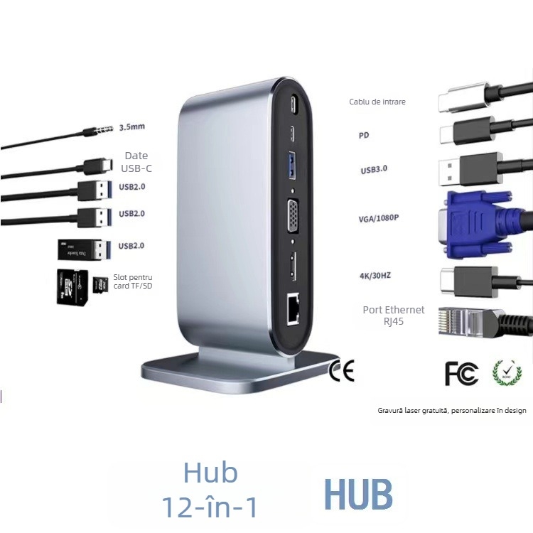 Docking station Type-C 12-în-1 USB hub pentru laptop cu alimentare externă, cablu 40 cm, interfață USB-C, rată de transfer 3.2