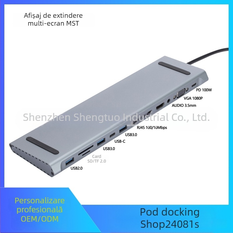 Hub de extensie Type-C și stație de docking pentru MacBook, 12 în 1 MST afișare multi-ecrane, model AP-44, 5Gbps, sursă de alimentare externă