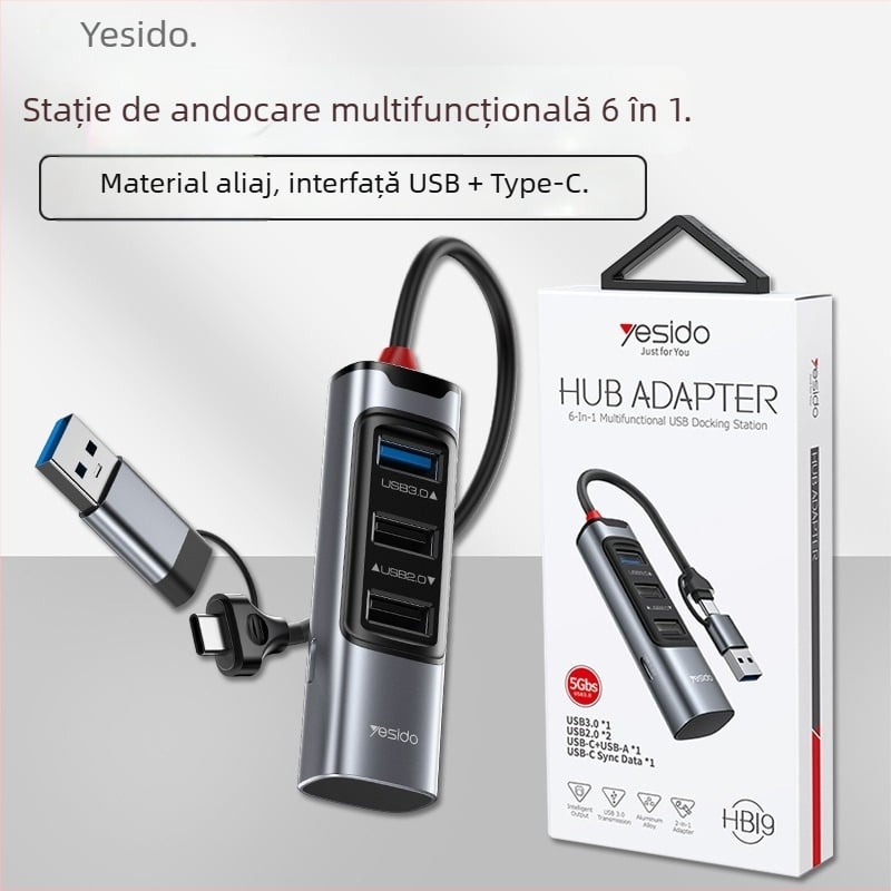 Yesido HB19 hub USB 3.0 cu 6 porturi pentru MacBook, 5.0Gbps, alimentat prin USB