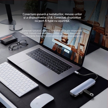 Stație docking Type-C, hub USB șase în unu, transfer 5 Gbps, interfață USB-C, până la șase porturi, fără alimentare externă