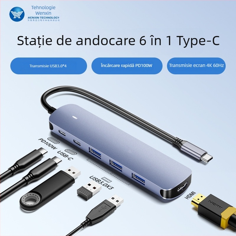 Stație docking Type-C, hub USB șase în unu, transfer 5 Gbps, interfață USB-C, până la șase porturi, fără alimentare externă
