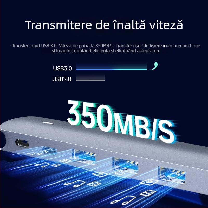 Stație docking Type-C, hub USB șase în unu, transfer 5 Gbps, interfață USB-C, până la șase porturi, fără alimentare externă