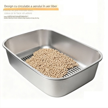 Cutie de nisip pentru pisici din oțel inoxidabil, înălțată, deschisă – anti-strop, formă circulară
