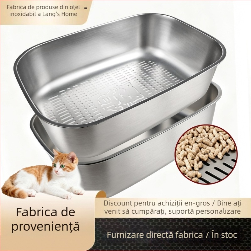 Cutie de nisip pentru pisici din oțel inoxidabil, înălțată, deschisă – anti-strop, formă circulară