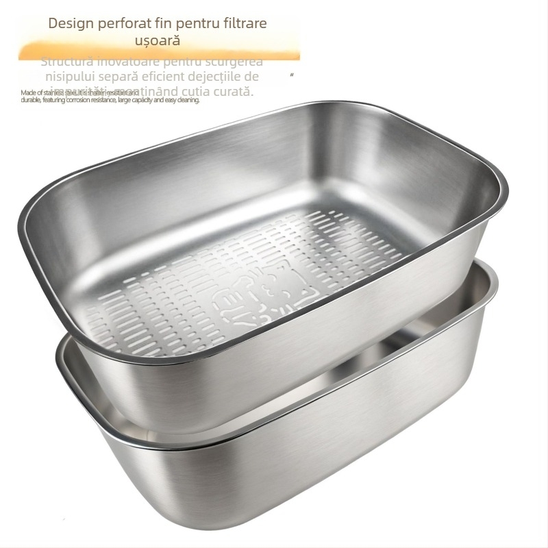 Cutie de nisip pentru pisici din oțel inoxidabil, înălțată, deschisă – anti-strop, formă circulară