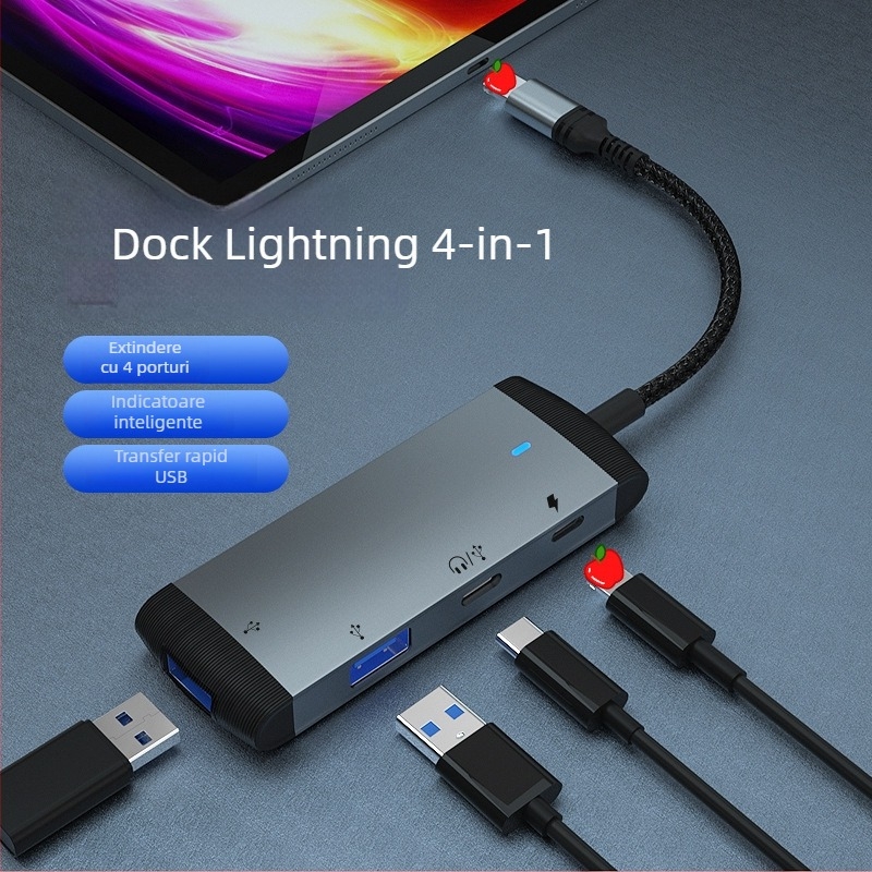 Stația de docking Lightning la USB 3.0 cu încărcare și audio, extensie 4-în-1, interfață Lightning, 480 Mbps, alimentare externă