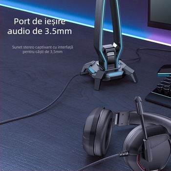 Suport USB pentru căști pentru birou cu iluminare RGB, HB25, interfață Micro USB