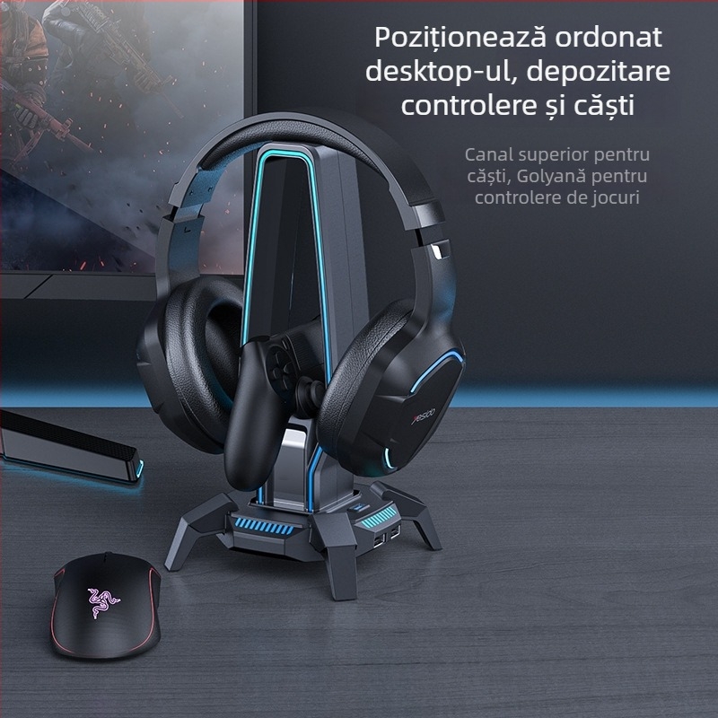 Suport USB pentru căști pentru birou cu iluminare RGB, HB25, interfață Micro USB