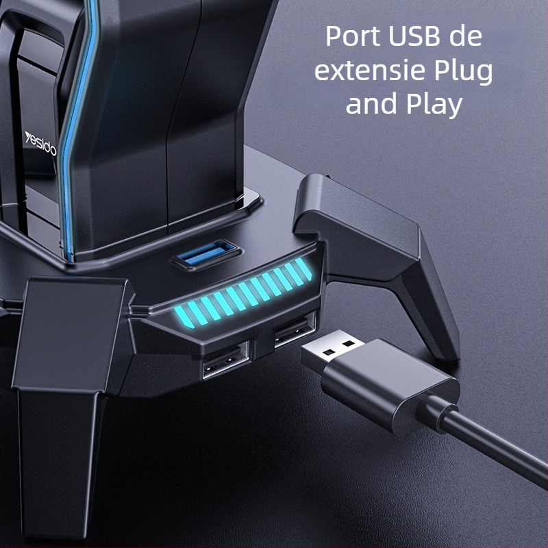 Suport USB pentru căști pentru birou cu iluminare RGB, HB25, interfață Micro USB