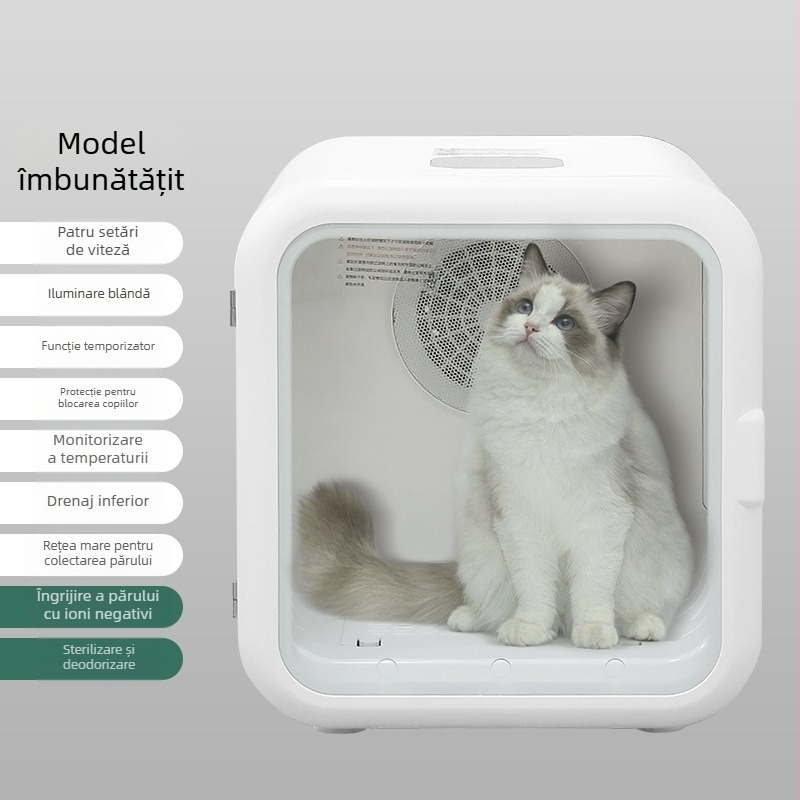 Uscător inteligent pentru animale de companie, pentru pisici și câini, cu sterilizare și uscare cu aer, model ES-HGX24051601, 1000–1199W, 110–220V, 22–39°C, Protecție la supraincălzire