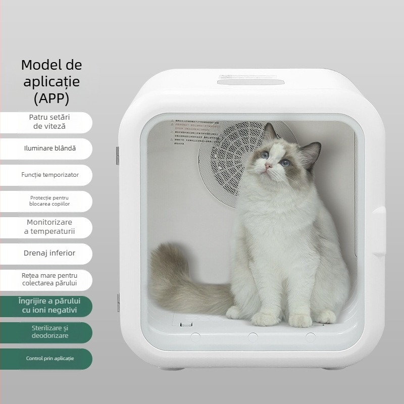 Uscător inteligent pentru animale de companie, pentru pisici și câini, cu sterilizare și uscare cu aer, model ES-HGX24051601, 1000–1199W, 110–220V, 22–39°C, Protecție la supraincălzire