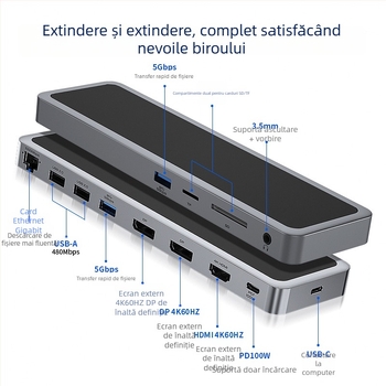Docking station USB-C 12 în 1 pentru laptopuri, interfață USB-C, transfer de 5 Gbps, cablu de 1 m, model YME-12, nu necesită alimentare externă