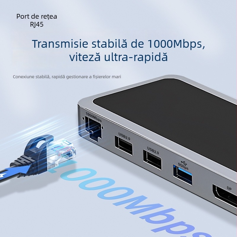 Docking station USB-C 12 în 1 pentru laptopuri, interfață USB-C, transfer de 5 Gbps, cablu de 1 m, model YME-12, nu necesită alimentare externă