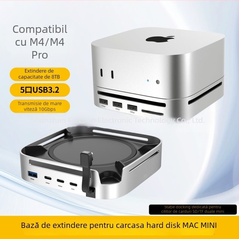 Dock Mac mini M4 cu extensie pentru hard disk extern, interfață USB-C, 10Gbps, model X0295, cu sursă de alimentare externă