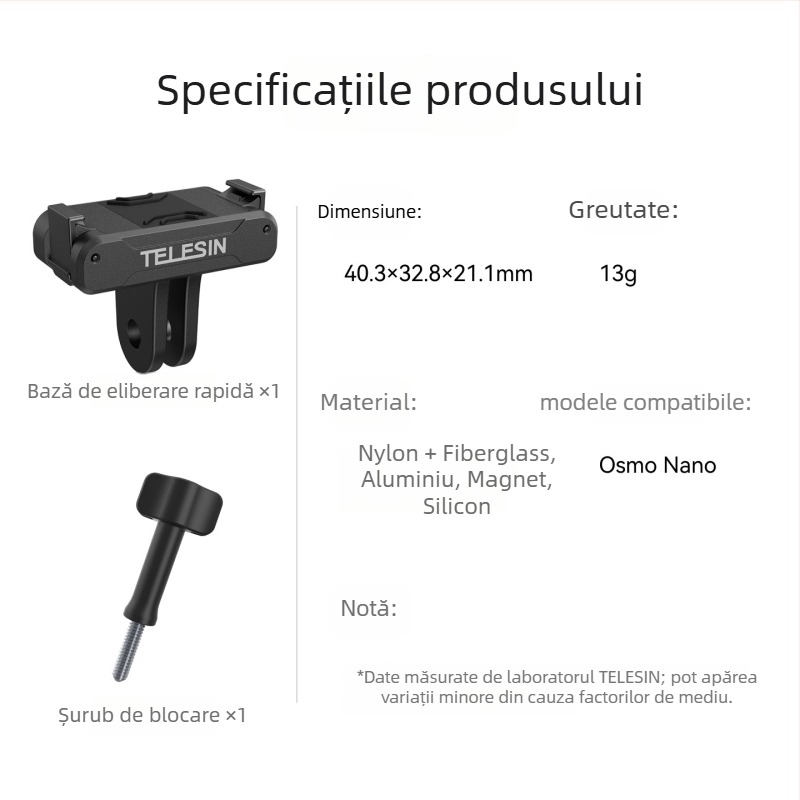 Bază Osmo Nano Quick-Release (Basic) – Telesin; Compatibil cu DJI Osmo Nano; Include bază și șuruburi; 3 garanții post-vânzare