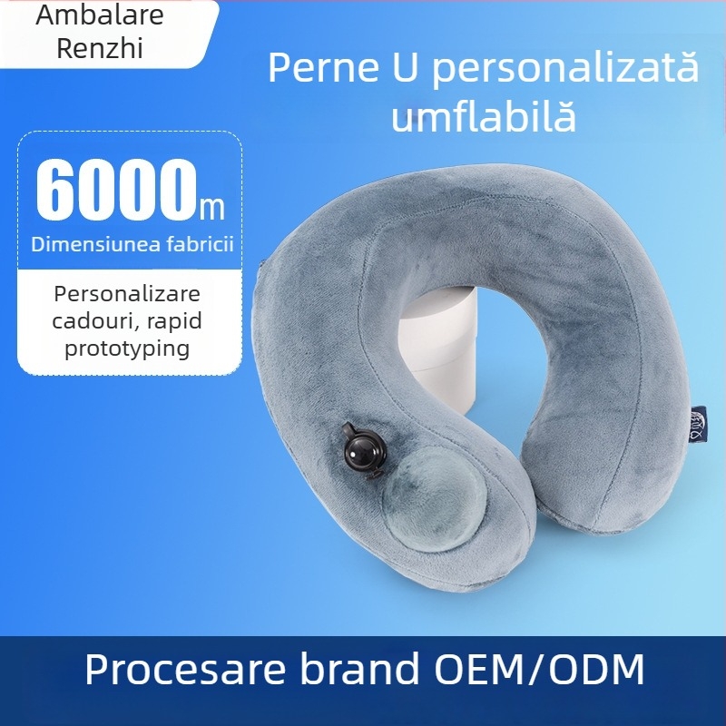 Ai reward me Pernă gonflabilă cu logo personalizat în formă de U pentru gât - pernă de călătorie pentru odihnă, umplută cu aer, nucleu din catifea cristal, greutate sub 0,5 kg