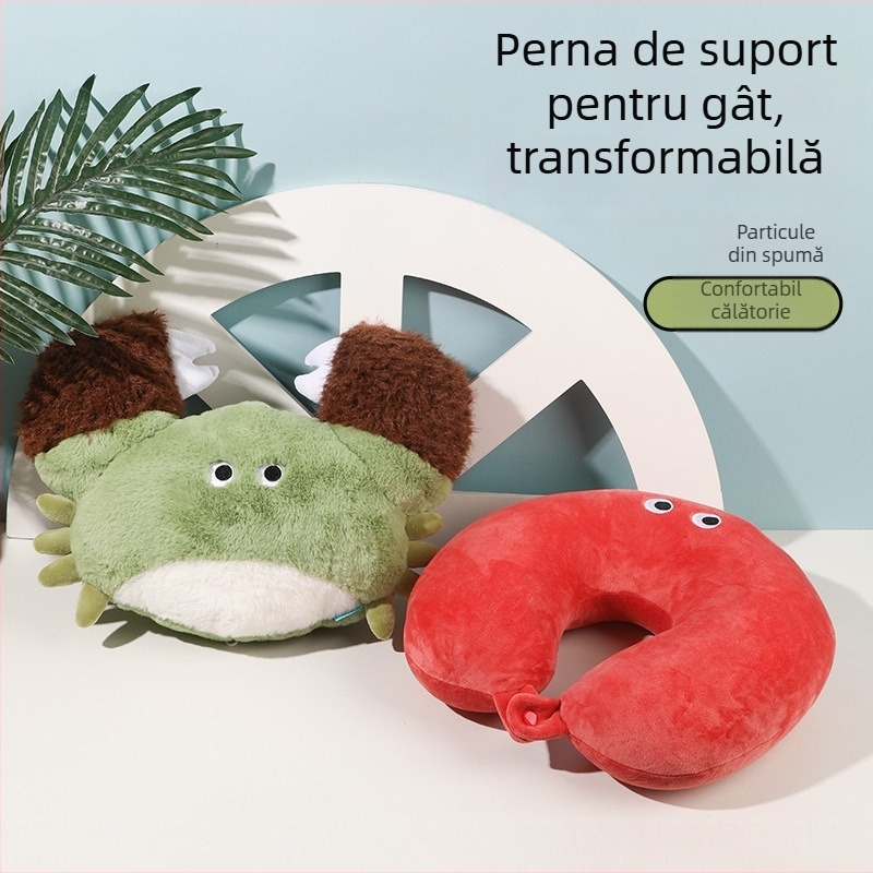 Perne de gât în formă de U, design în formă de rac, două într-un, umplutură din particule de spumă, țesătură pluș