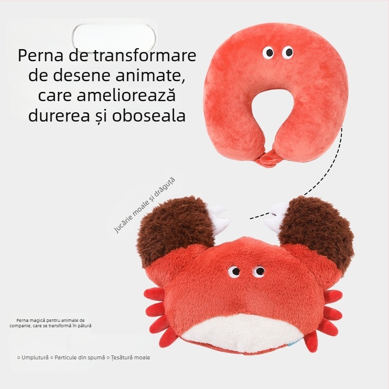 Perne de gât în formă de U, design în formă de rac, două într-un, umplutură din particule de spumă, țesătură pluș