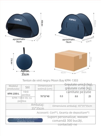 TENTĂ DE PLJAS PORTABILĂ - cu un singur strat, montaj ușor, protecție solară și protecție împotriva vântului; greutate 0,2 kg; cadru din sârmă de oțel; impermeabilă 1000–1500 mm