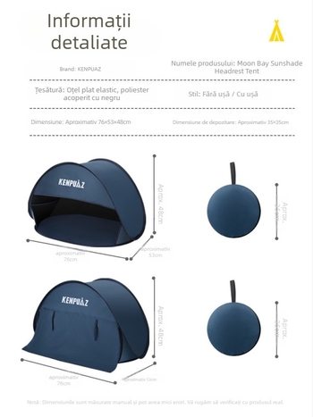 TENTĂ DE PLJAS PORTABILĂ - cu un singur strat, montaj ușor, protecție solară și protecție împotriva vântului; greutate 0,2 kg; cadru din sârmă de oțel; impermeabilă 1000–1500 mm