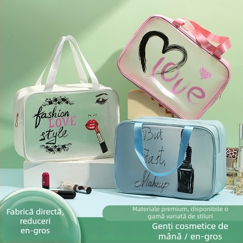 Geantă de cosmetică de călătorie cu imprimeu animal, material PU/PVC, impermeabilă, separare uscat–umed, pentru femei