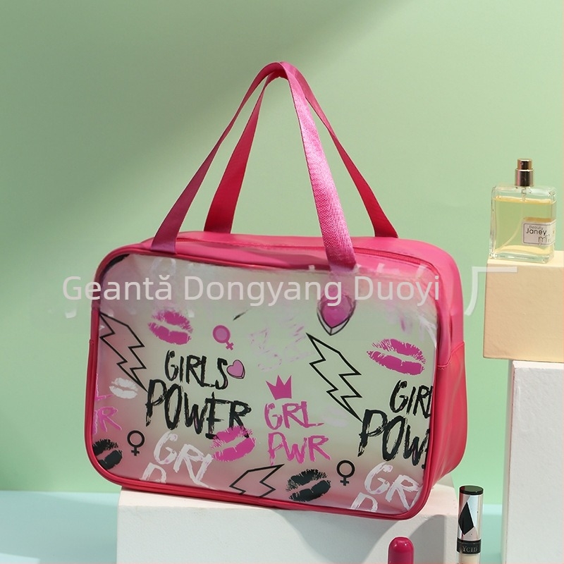 Geantă de cosmetică de călătorie cu imprimeu animal, material PU/PVC, impermeabilă, separare uscat–umed, pentru femei