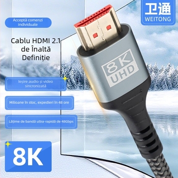 Cablu HDMI 2.1, HDMI la HDMI, conectori bărbați, placare aurie, cablu din aliaj de aluminiu + nailon, pentru TV și proiector