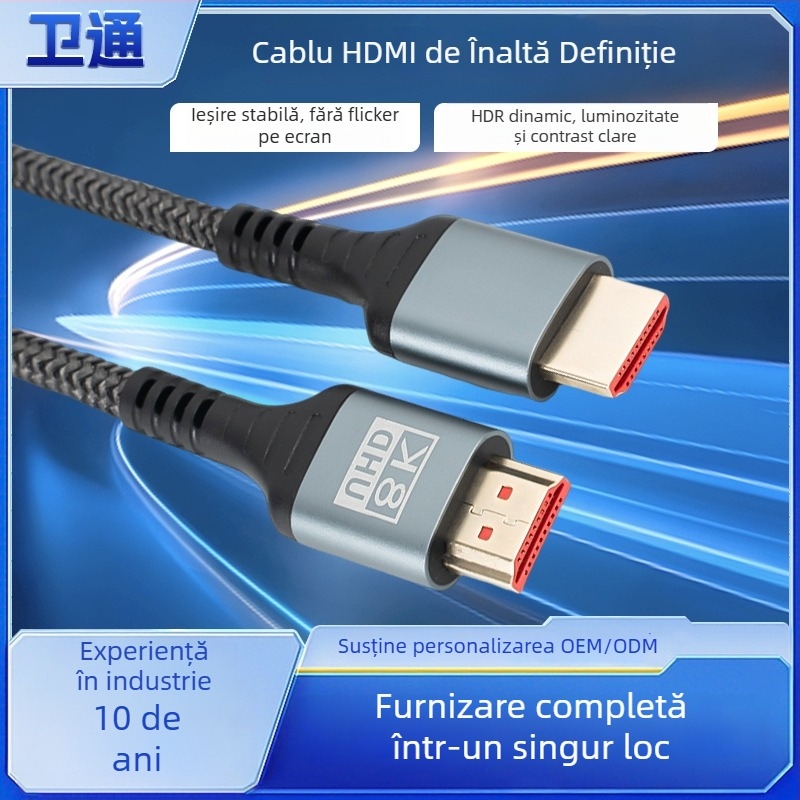 Cablu HDMI 2.1, HDMI la HDMI, conectori bărbați, placare aurie, cablu din aliaj de aluminiu + nailon, pentru TV și proiector