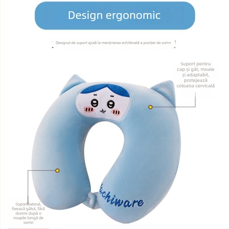 Perne de gât în formă U cu spumă memory, țesătură Crystal Velvet, stil desen animat, husă detașabilă lavabilă