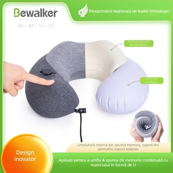 BEWALKER pernă de gât în formă de U din memory foam, suport reglabil prin umflare, pentru călători