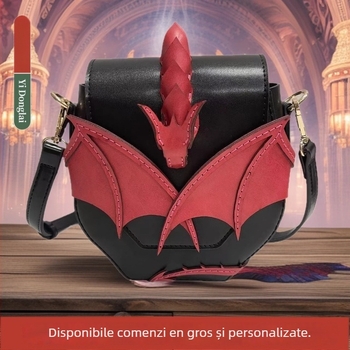 Geantă crossbody Dragon Wings din PU — formă rotundă, închidere cu clapă, stil urban