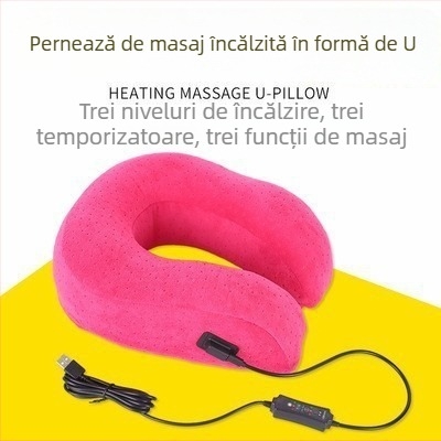 Pernă pentru gât în formă de U, cu încălzire USB, masaj și vibrații, încălzire programabilă, încălzire cu fibră de carbon; umplutură din memory cotton; nucleu din fibră chimică