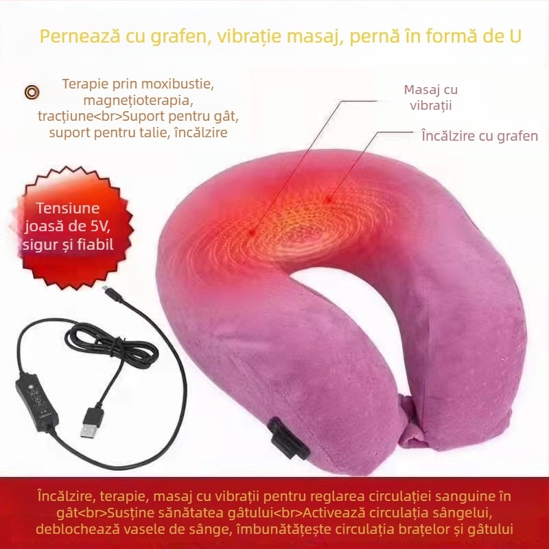 Pernă pentru gât în formă de U, cu încălzire USB, masaj și vibrații, încălzire programabilă, încălzire cu fibră de carbon; umplutură din memory cotton; nucleu din fibră chimică