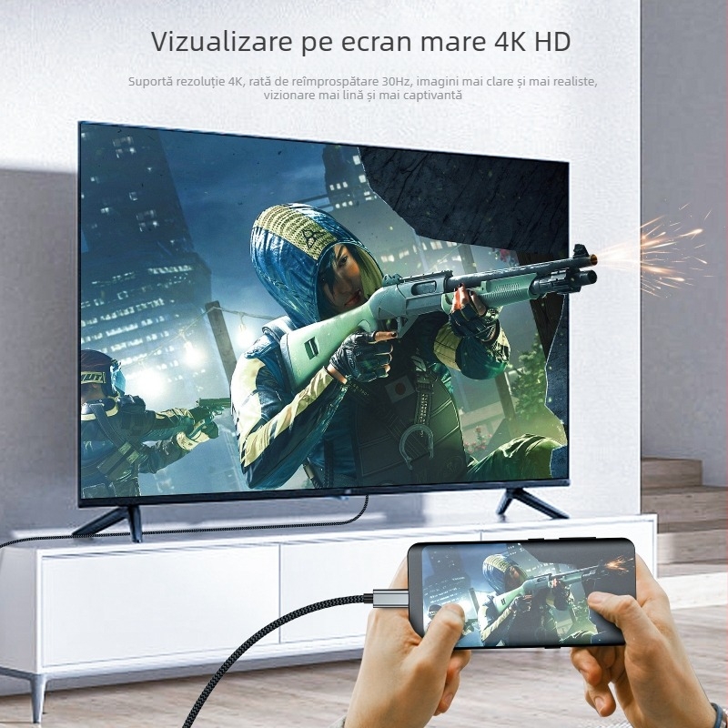 Cablu Type-C către HDMI pentru duplicarea ecranului de pe telefon către televizor, conductor din cupru, placare nichel, ieșire HDMI