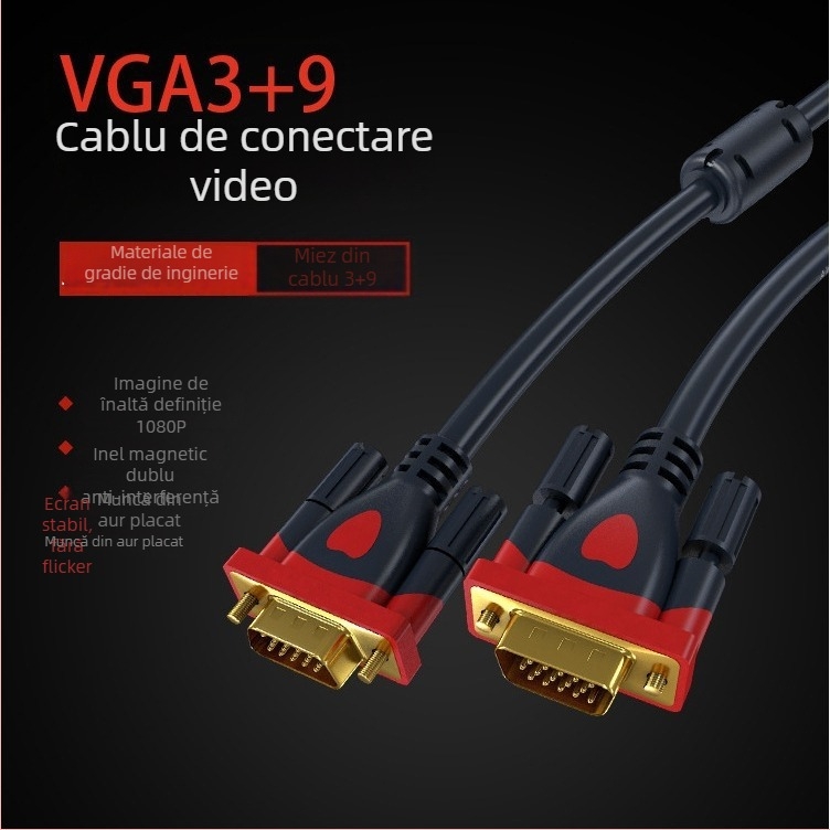 Cablu VGA 3+9, conector placat cu aur, cupru fără oxigen, lungime 1,5–20 m