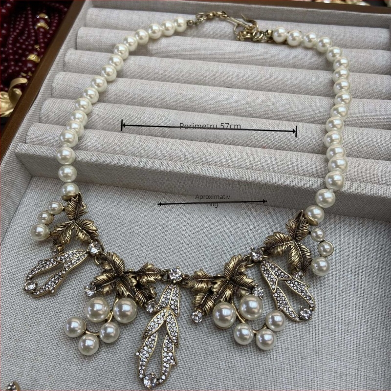 WRAN Set de bijuterii cu perle, din cupru placat electro, lanț clavicular, pandant perla, colier și cercei, stil retro literar, model stele/soare/lună/univers, primăvara 2025