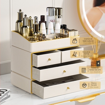 Organizator premium din piele pentru cosmetice, cu sertar pentru îngrijire a pielii, măști și rujuri