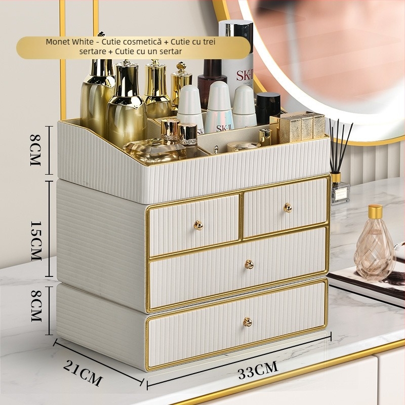 Organizator premium din piele pentru cosmetice, cu sertar pentru îngrijire a pielii, măști și rujuri