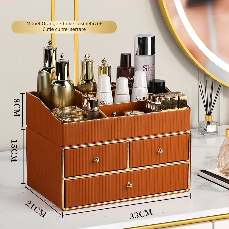Organizator premium din piele pentru cosmetice, cu sertar pentru îngrijire a pielii, măști și rujuri