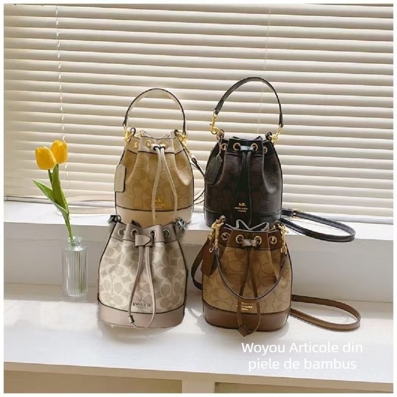 Geantă bucket mini cu șnur - Piele naturală, Stil stradal, Închidere cu șnur, Căptușeală poliester, Compartiment pentru telefon