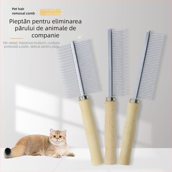 Pieptene pentru pisici cu mâner din lemn, dinți într-un singur rând și în două rânduri, dinți înalți și joși (lemn + oțel inoxidabil)