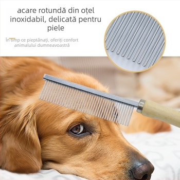 Pieptene pentru pisici cu mâner din lemn, dinți într-un singur rând și în două rânduri, dinți înalți și joși (lemn + oțel inoxidabil)