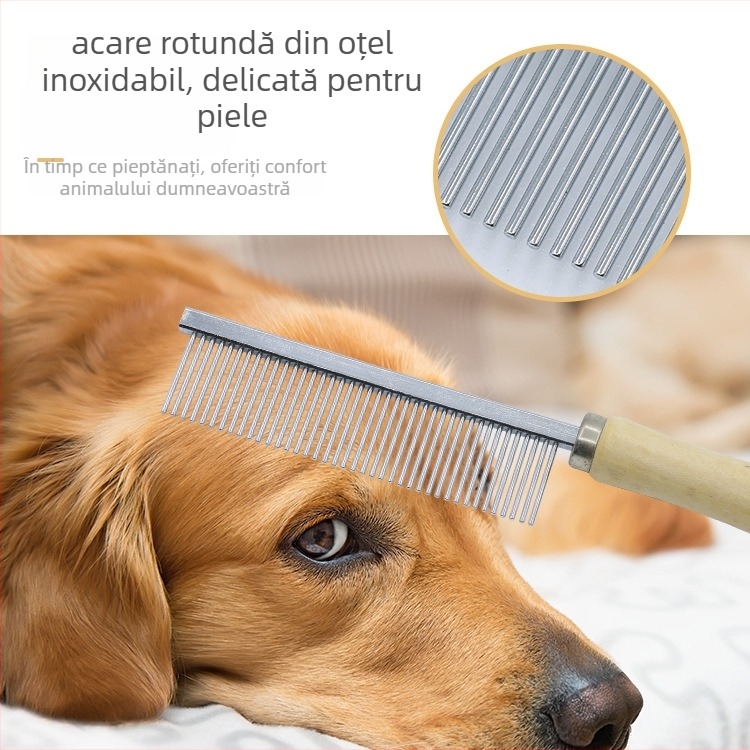 Pieptene pentru pisici cu mâner din lemn, dinți într-un singur rând și în două rânduri, dinți înalți și joși (lemn + oțel inoxidabil)